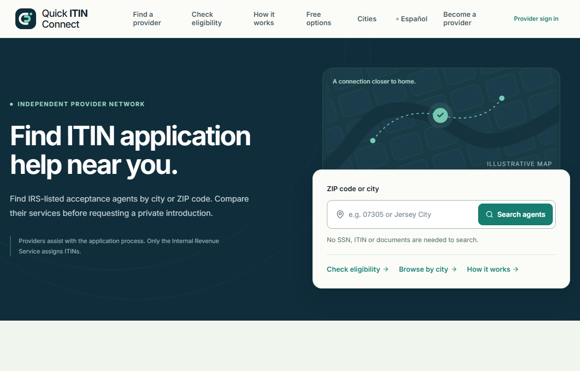 Quick ITIN Connect homepage showing a search for IRS-listed acceptance agents by city or ZIP code