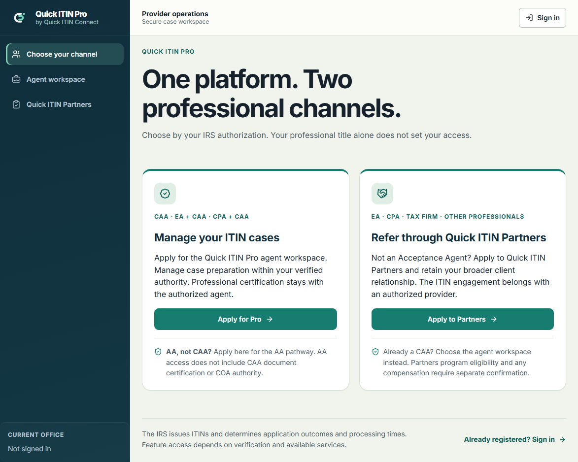Quick ITIN Pro join page showing the Agent workspace and Quick ITIN Partners channels